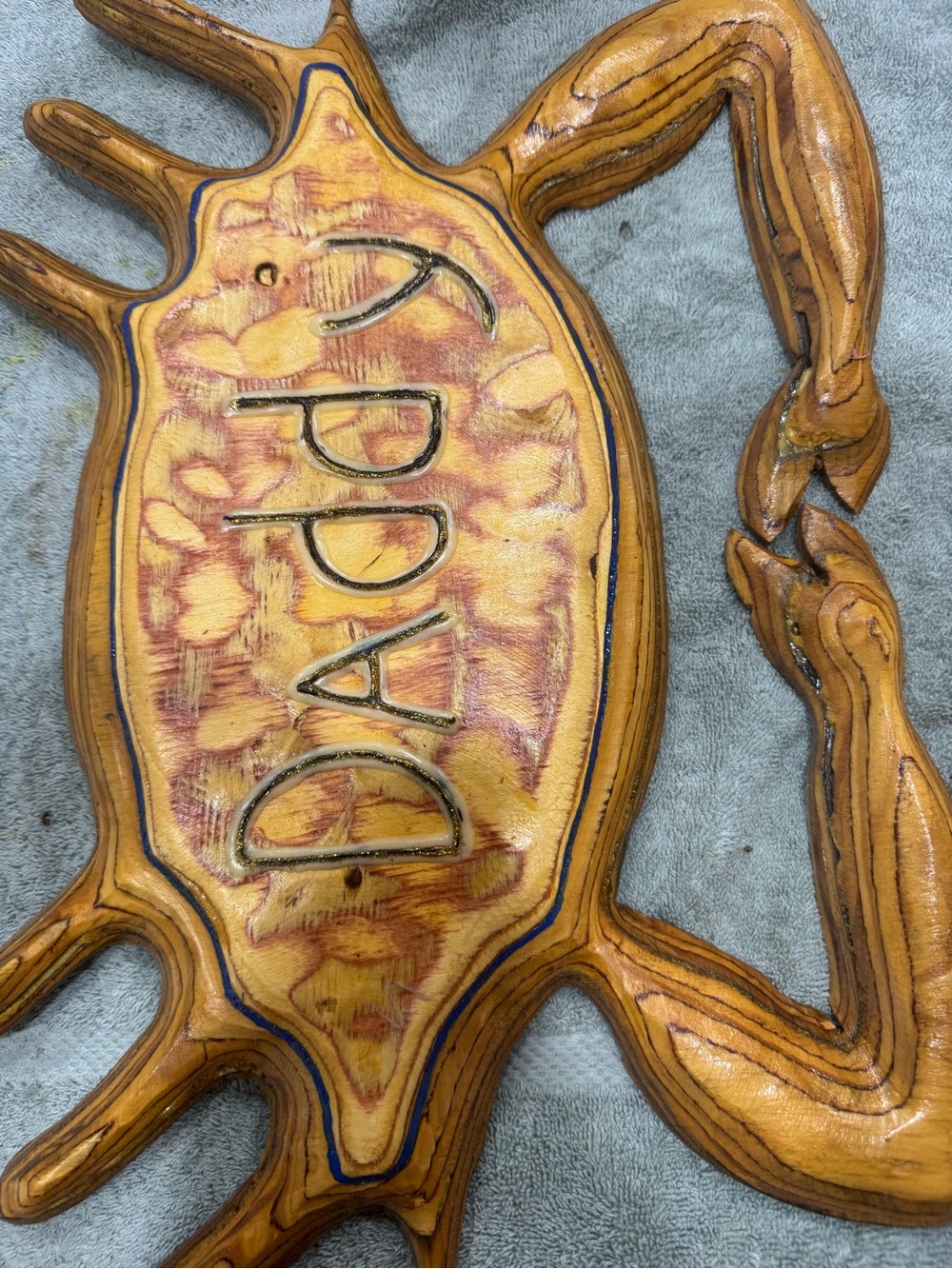 Hand-Carved knotted Wooden Crab Wall Art - Honey Brown with Blue Accents (c1)